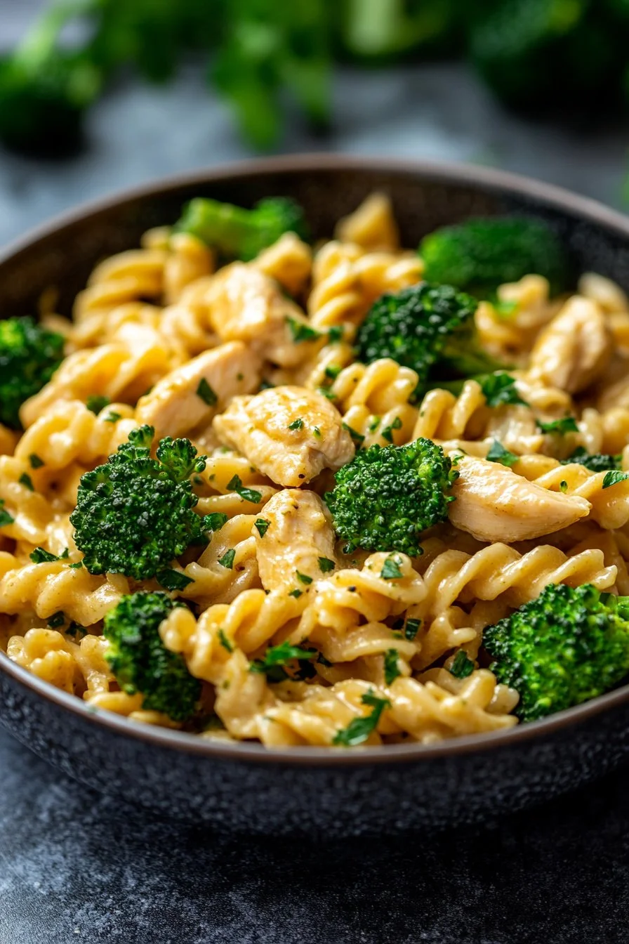 Pasta cremosa con pollo y brócoli
