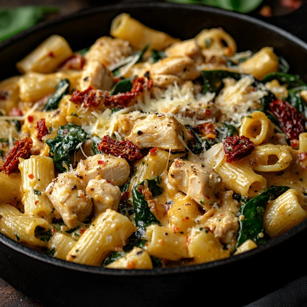 Plato de Pasta de Pollo a la Toscana con ingredientes frescos y sabrosos