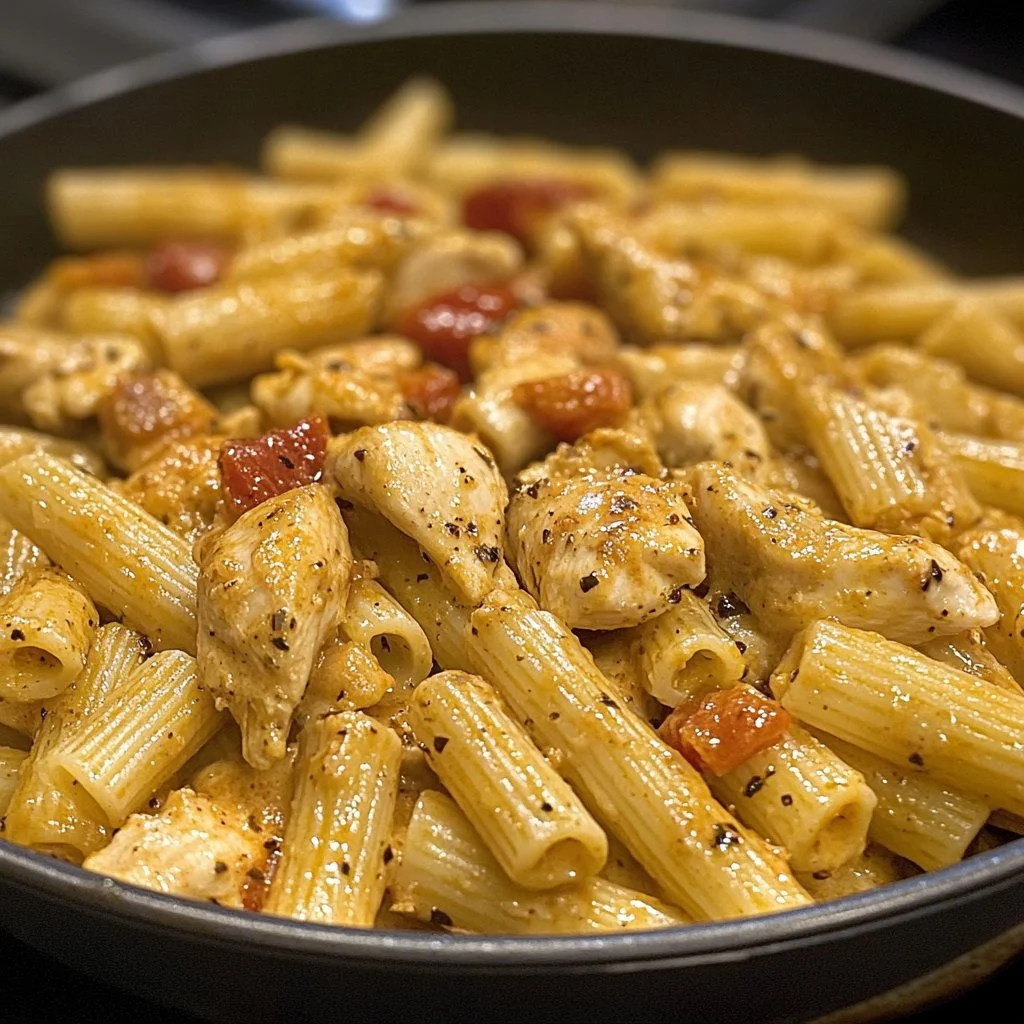 Pasta de Pollo a la Toscana Cremosa servida en un plato elegante