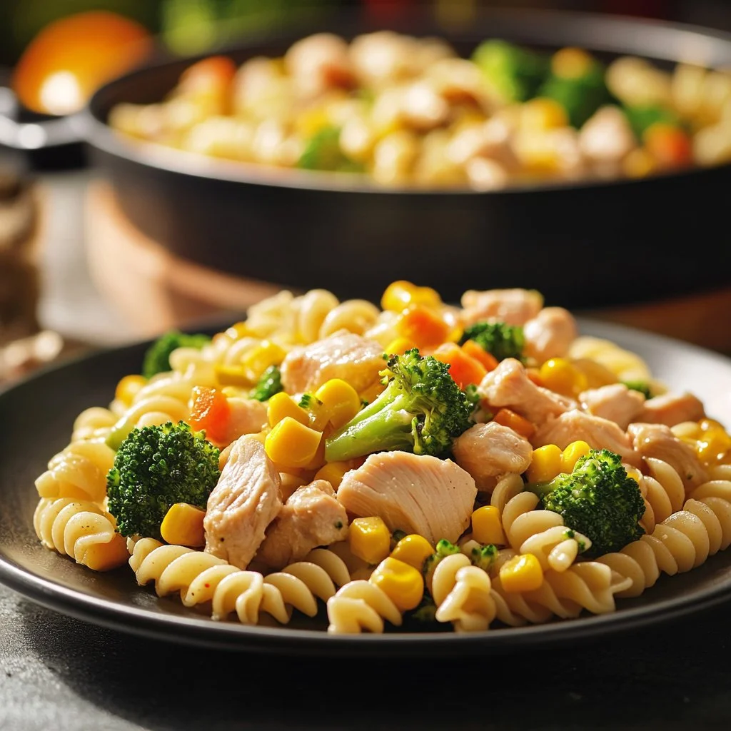 Plato de Pasta de Pollo con brócoli y maíz preparado con ingredientes frescos