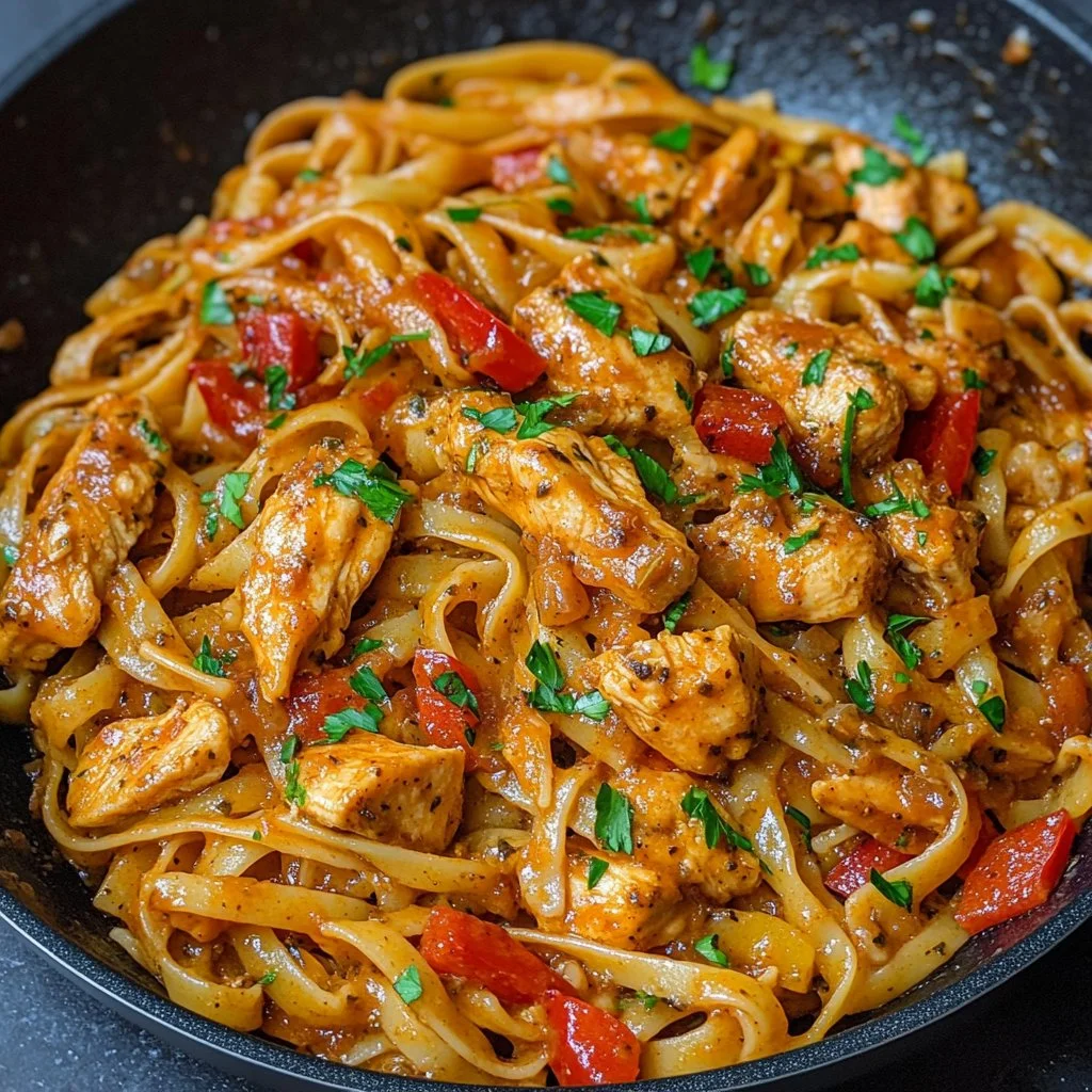 Plato de pasta de pollo cajún cremosa y ligera con verduras frescas