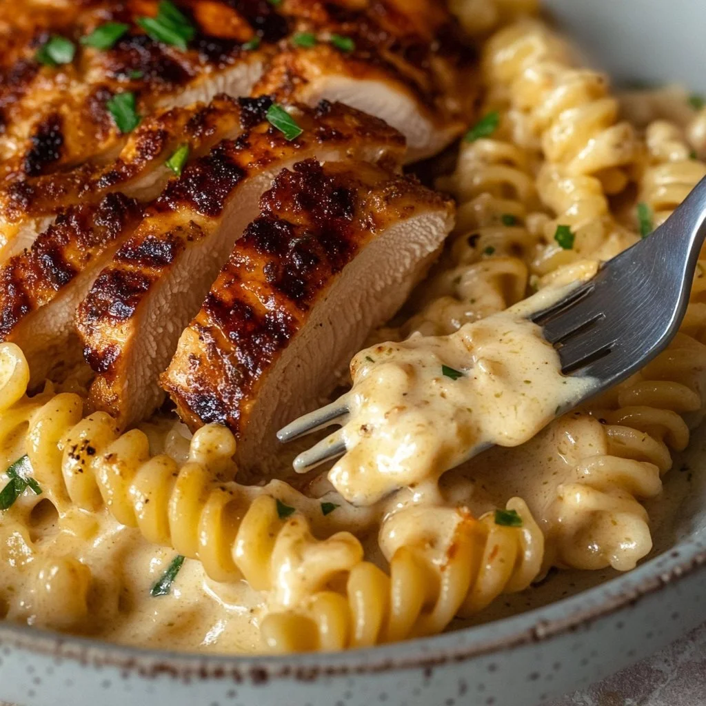 Pasta de Pollo con Ajo y Parmesano en un plato delicioso