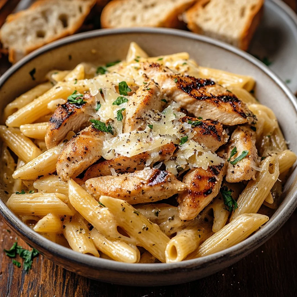 Plato de pasta de pollo con ajo y queso parmesano, una receta deliciosa y sencilla.