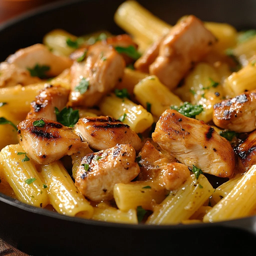 Deliciosa Pasta de Pollo Cremosa servida en un plato honda con hierbas frescas