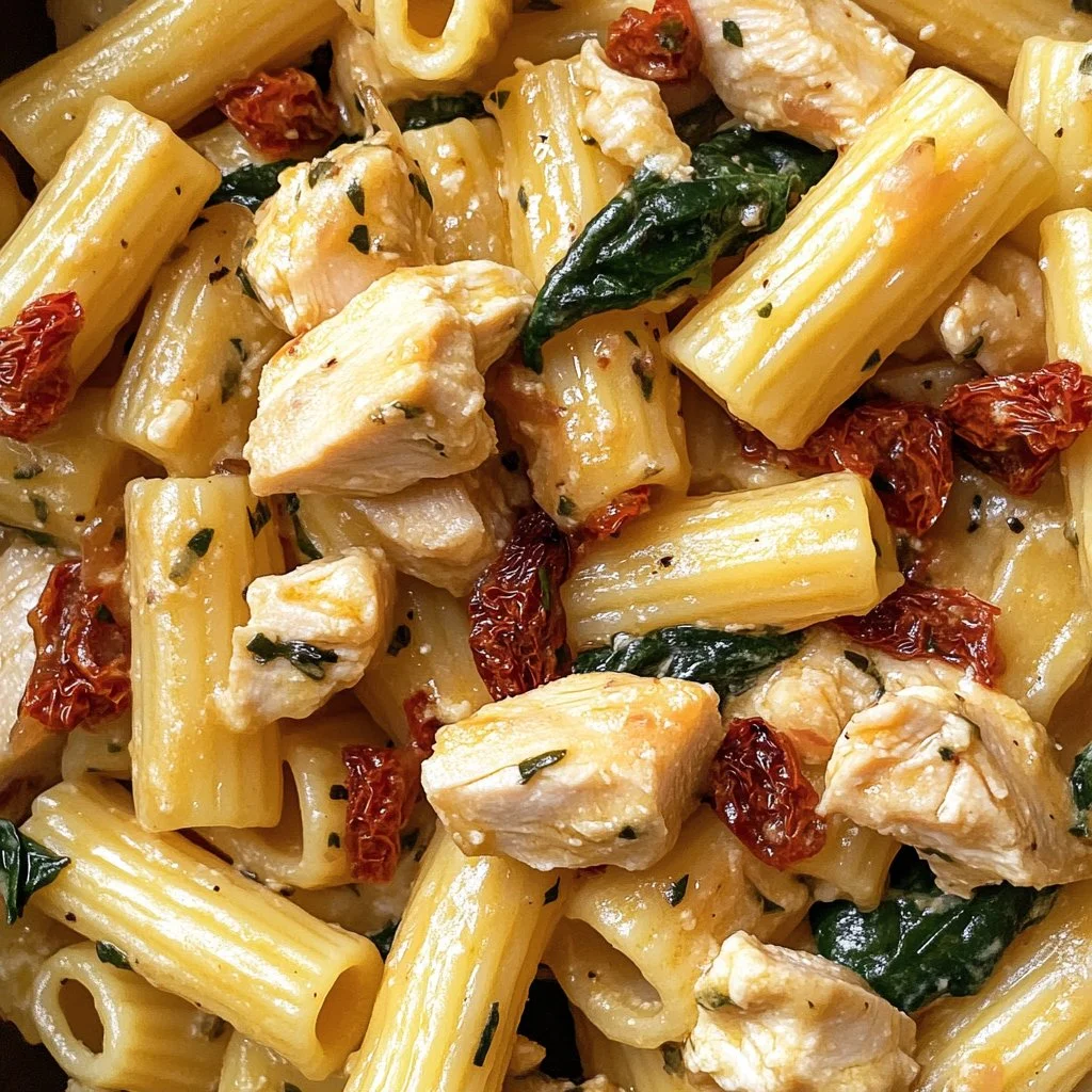 Plato de Pasta de Pollo Toscana servido en una mesa con hierbas frescas.