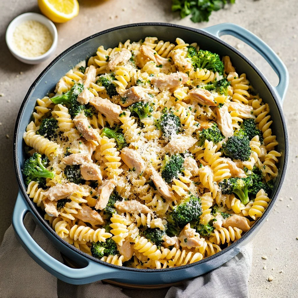 Plato de Pasta de Pollo y Brócoli en Salsa de Crema de Limón