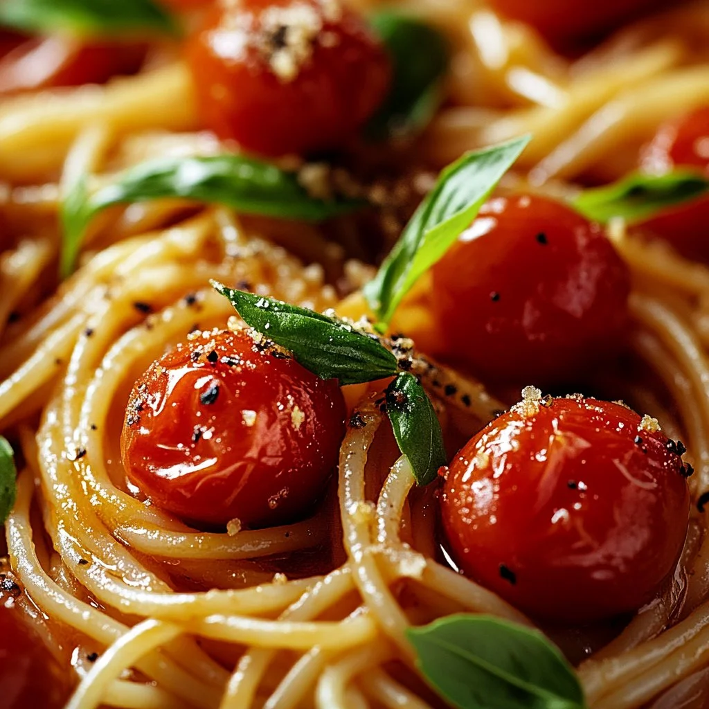 Plato de pasta con tomates cherry y ajo fresco.