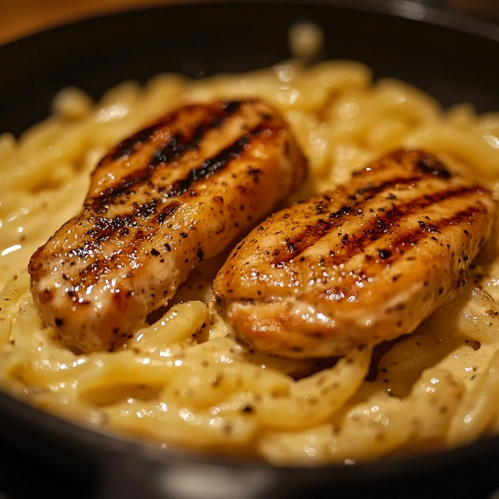 Pasta con pollo y salsa de parmesano ajo en una olla