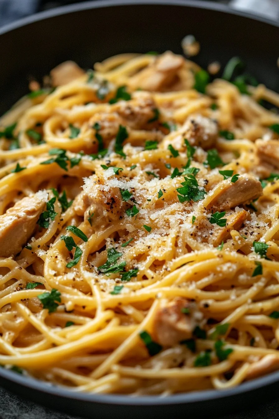 Pasta with Chicken and Garlic Parmesan Sauce in One Pot