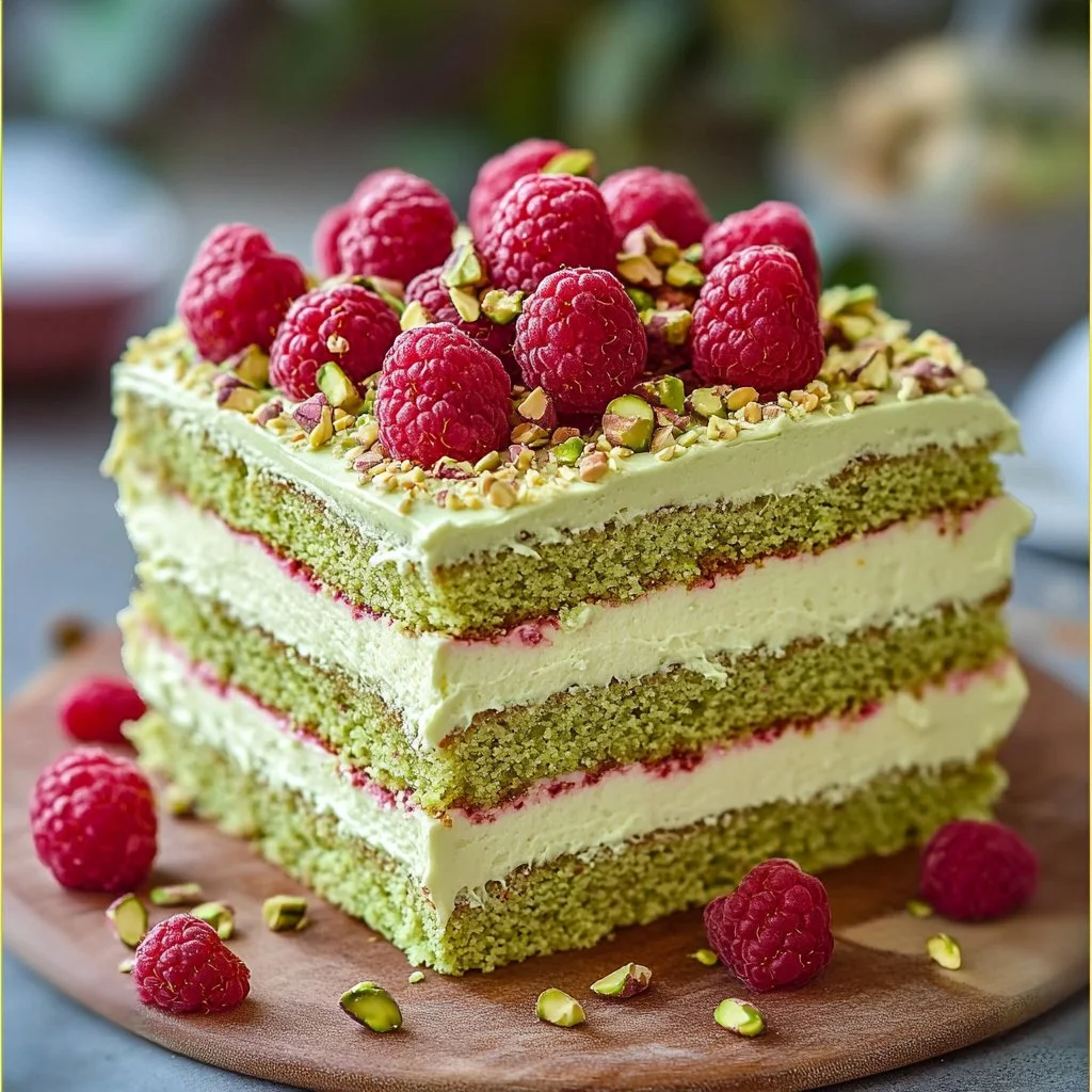Pastel de capas de frambuesa-pistacho decorado con frutos y crema.