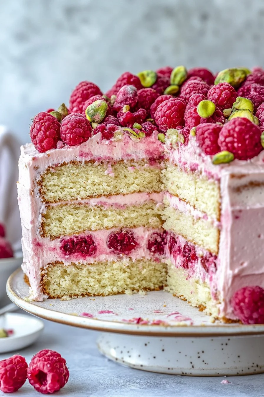 Pastel de capas de frambuesa-pistacho