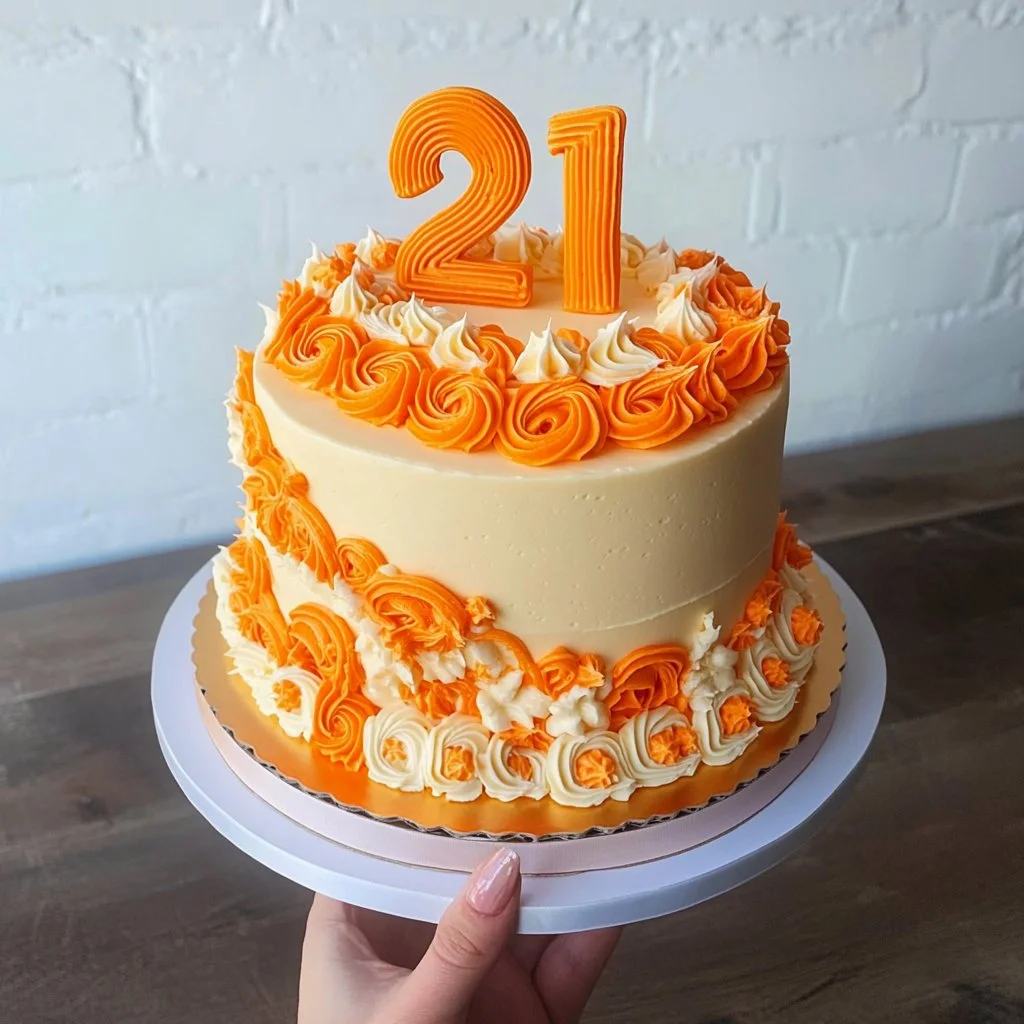 Pastel de corazón naranja para celebrar un cumpleaños especial.