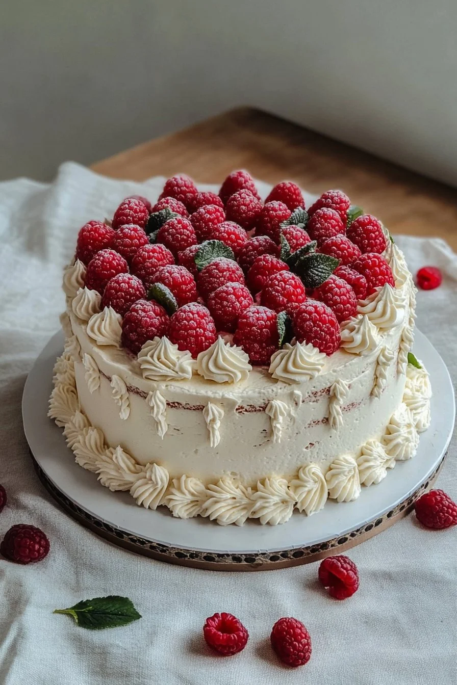 Pastel de cumpleaños vintage con frambuesas frescas