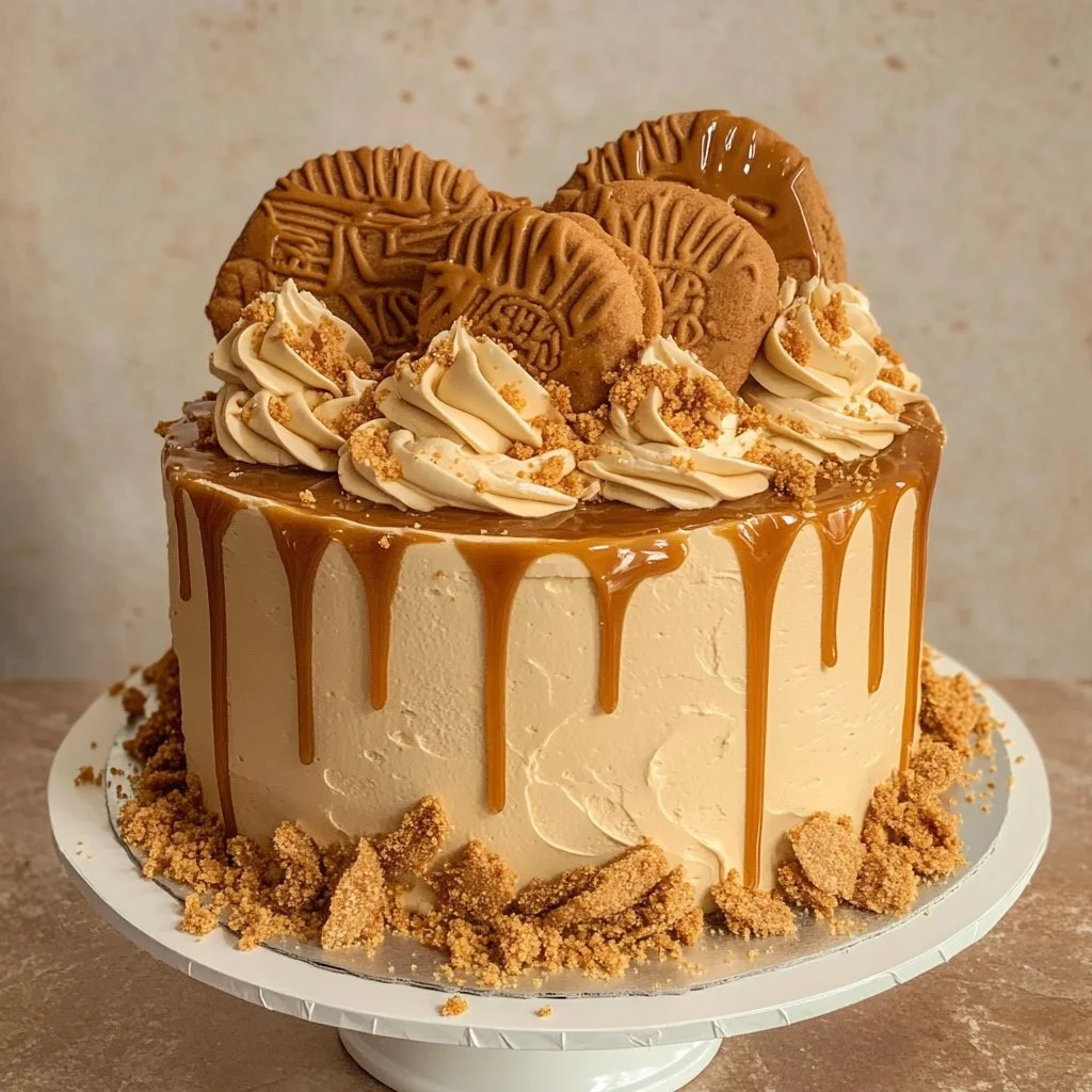 Pastel de goteo Biscoff decorado con galletas y salsa de caramelo