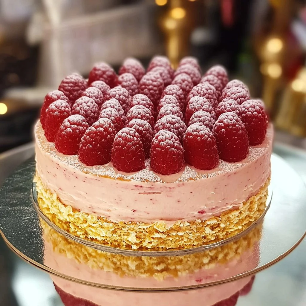 Pastel de mousse de frambuesa decorado con frambuesas frescas.
