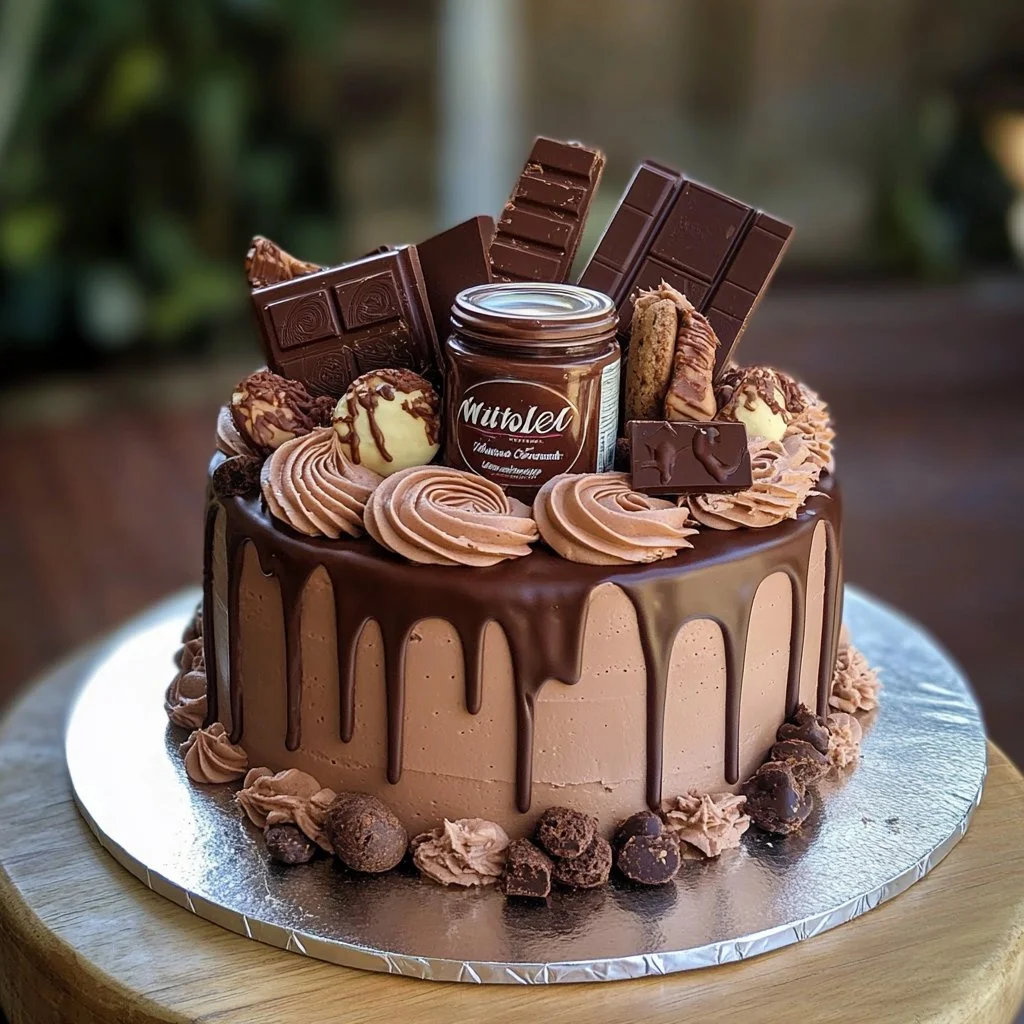 Pastel de Nutella Kinder Bueno decorado con avellanas y chocolate
