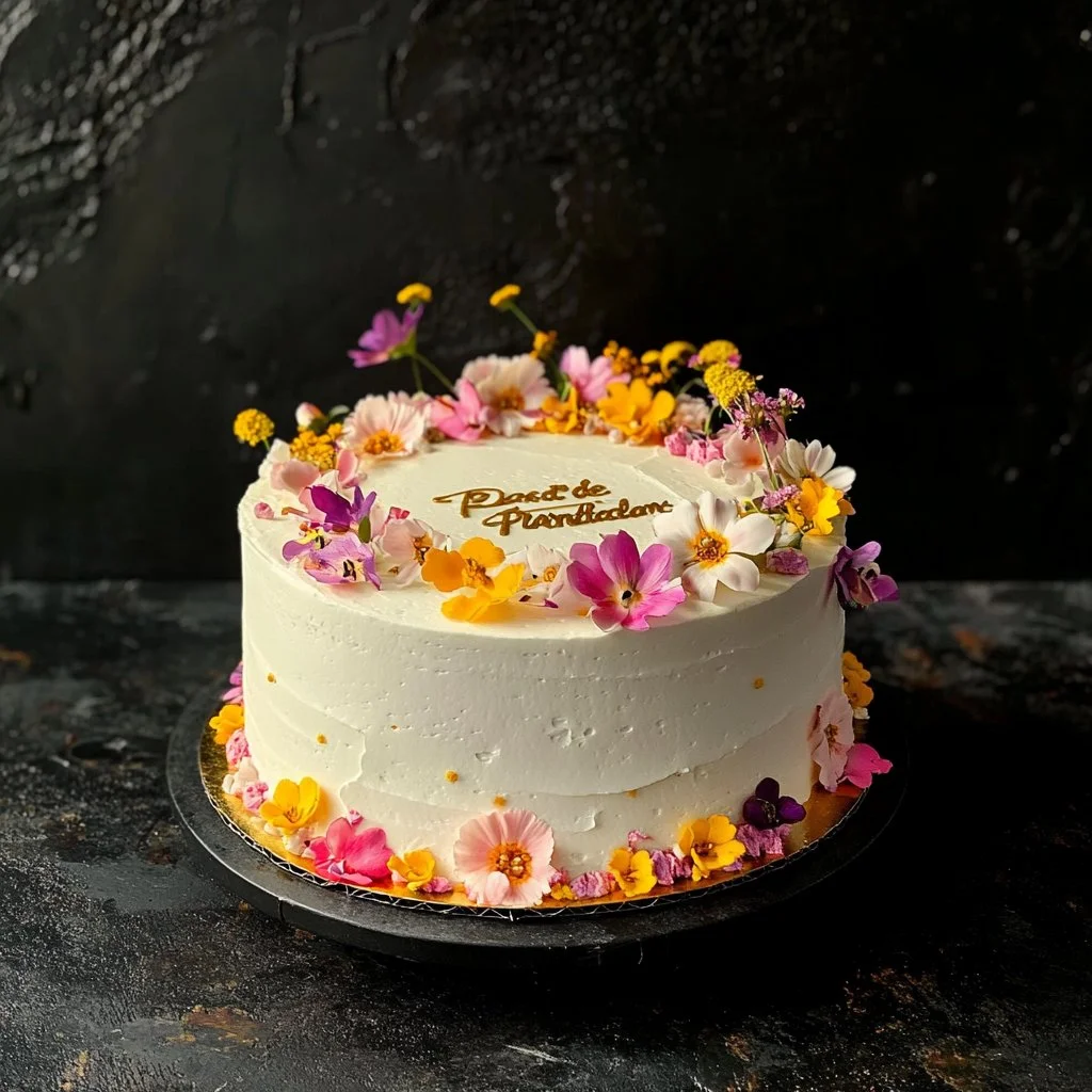 Delicioso Pastel de Primavera decorado con flores y frutas frescas
