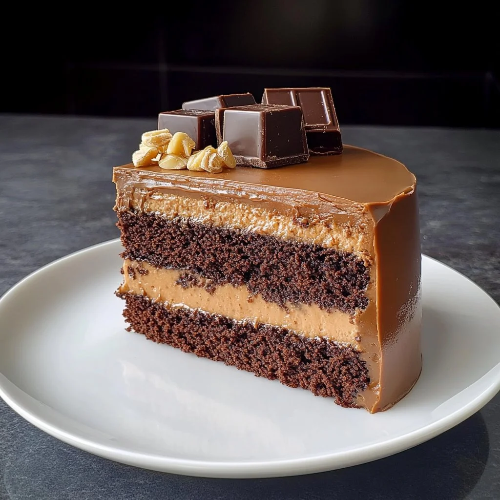 Delicioso pastel de Snickers decorado y listo para servir