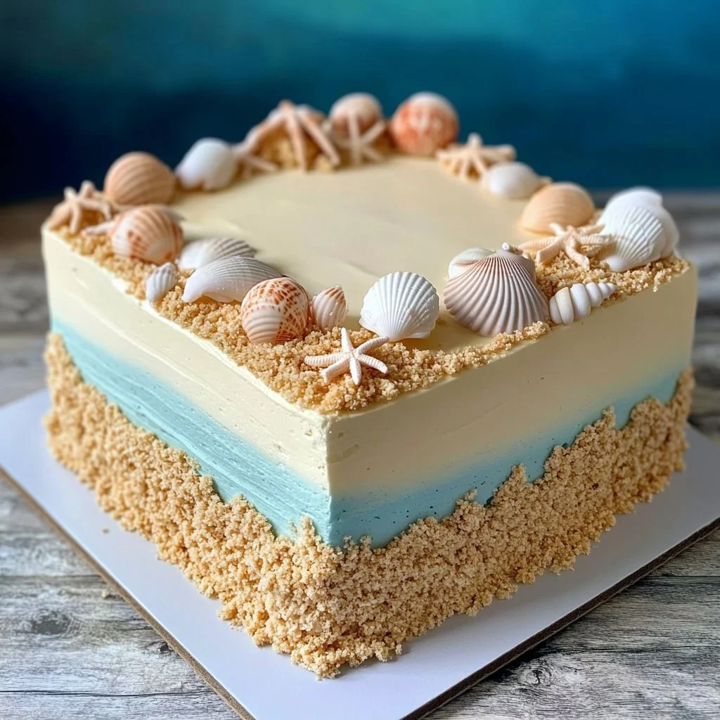 Pastel de vainilla decorado con glaseado de mantequilla y conchas de chocolate