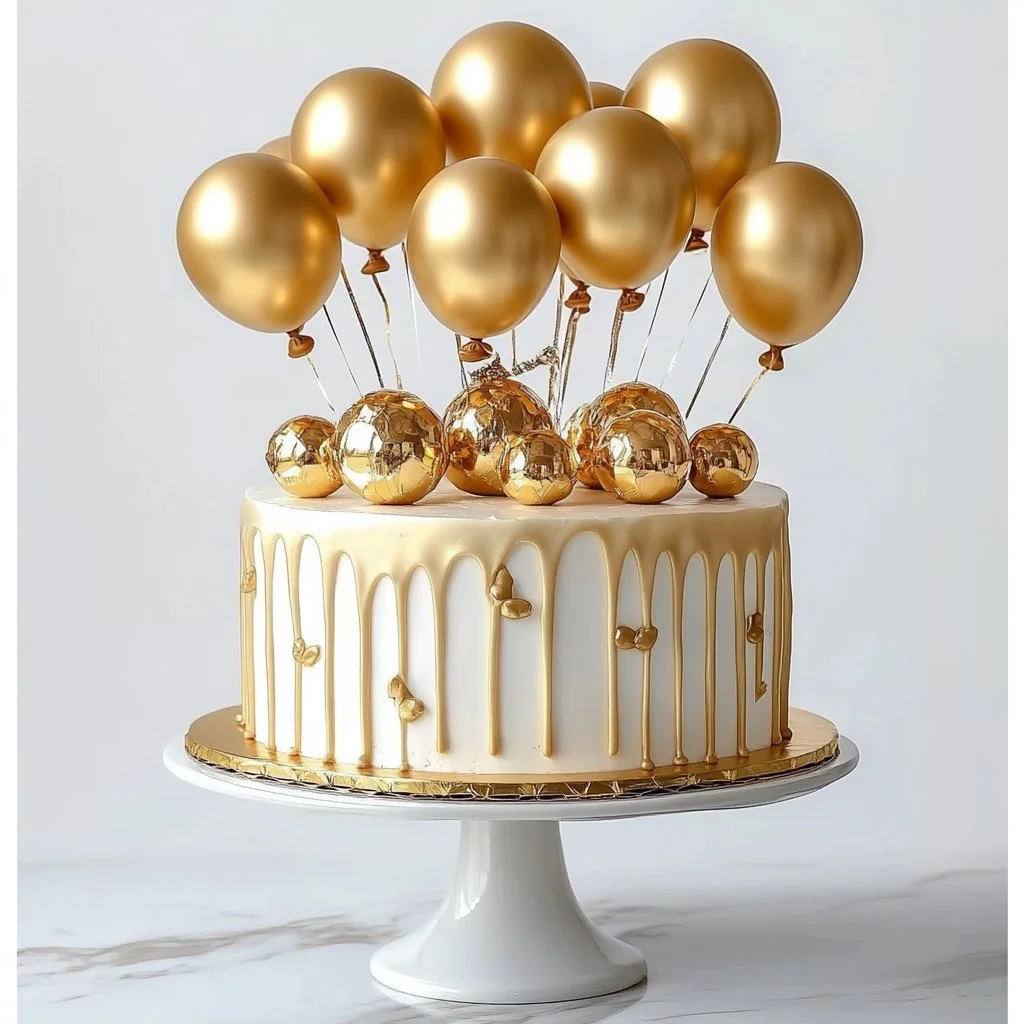Pastel dorado extravagante para cumpleaños con globos, imagen PNG gratuita