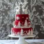Pastel rojo bosque de Navidad | Torre de pasteles renos y árboles blancos