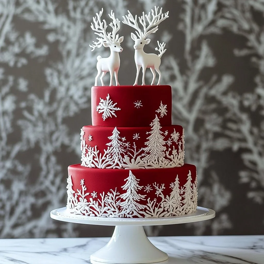 Pastel rojo bosque de Navidad decorado con renos y árboles blancos para festividades.