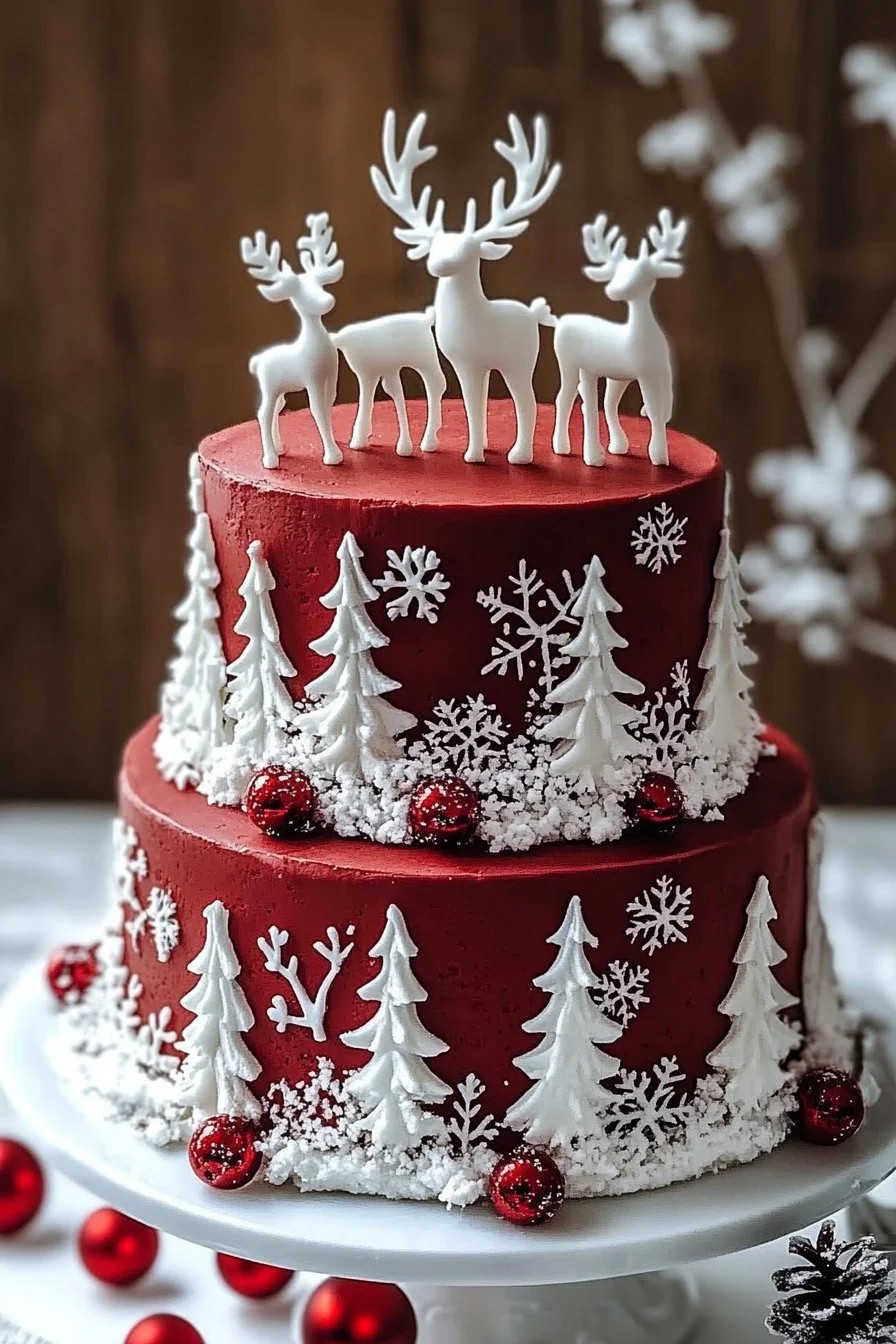Pastel rojo bosque de Navidad | Torre de pasteles renos y árboles blancos