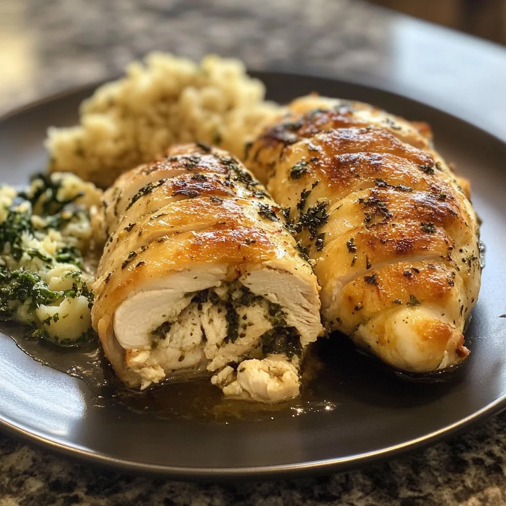 Pechuga de pollo rellena con ingredientes frescos y salsas sabrosas