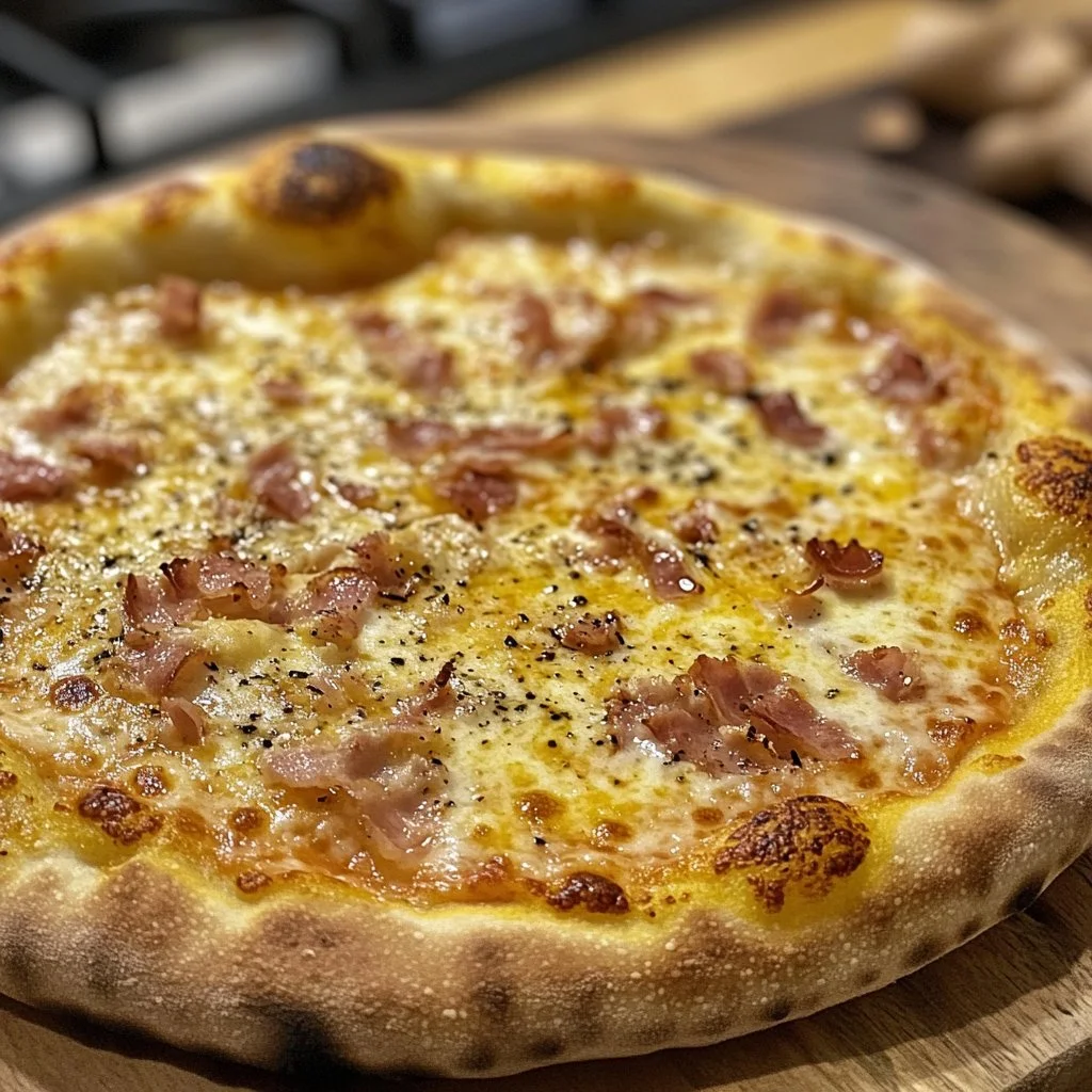Pizza Carbonara con salsa cremosa, tocino y queso sobre masa crujiente