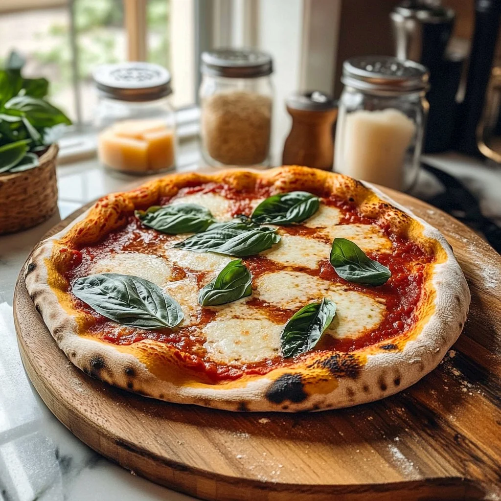 Pizza de masa madre recién horneada con ingredientes frescos y sabrosos