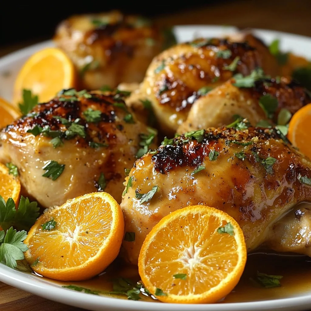 Plato de Pollo a la Naranja con salsa cítrica y guarnición.