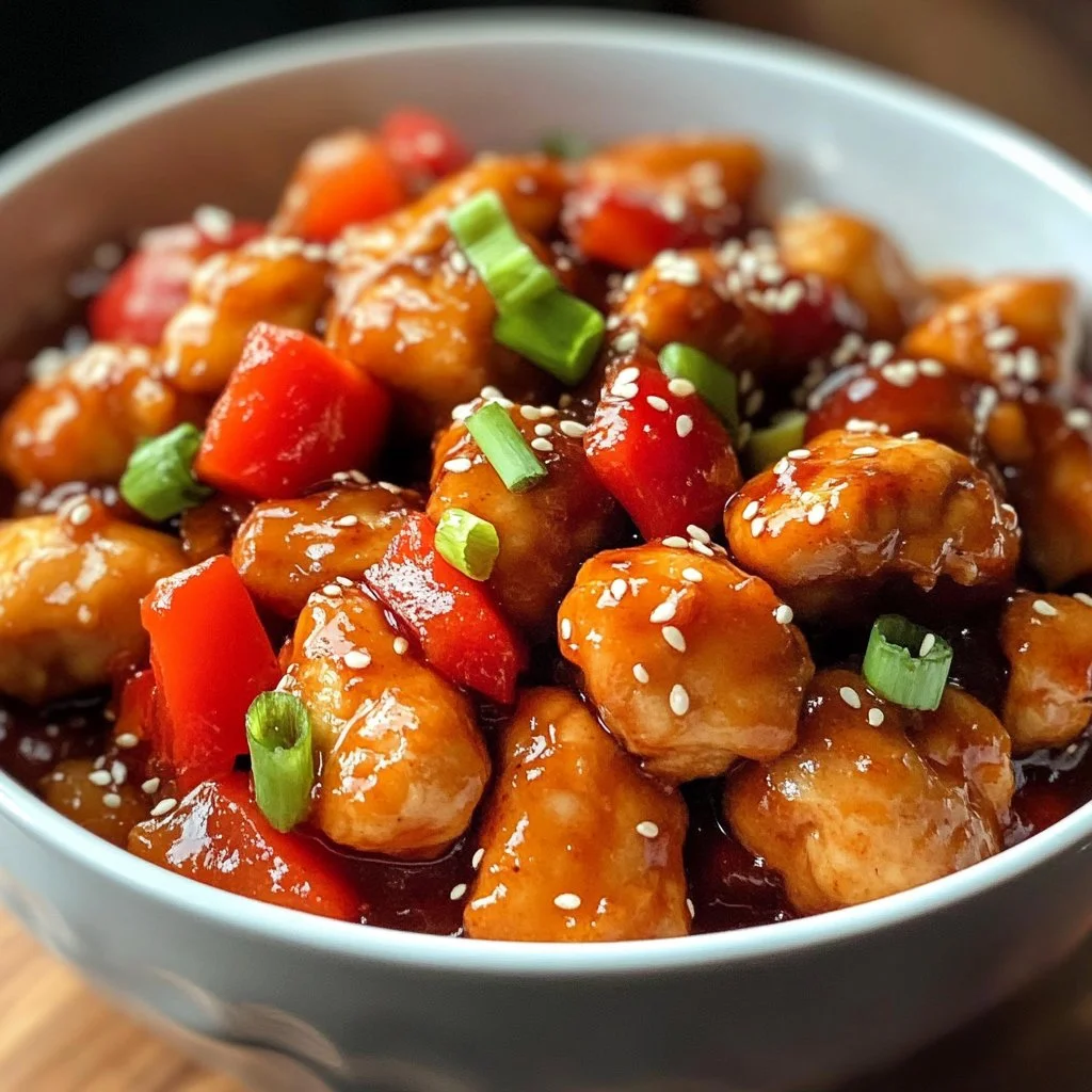Plato de pollo agridulce crujiente con arroz y verduras frescas