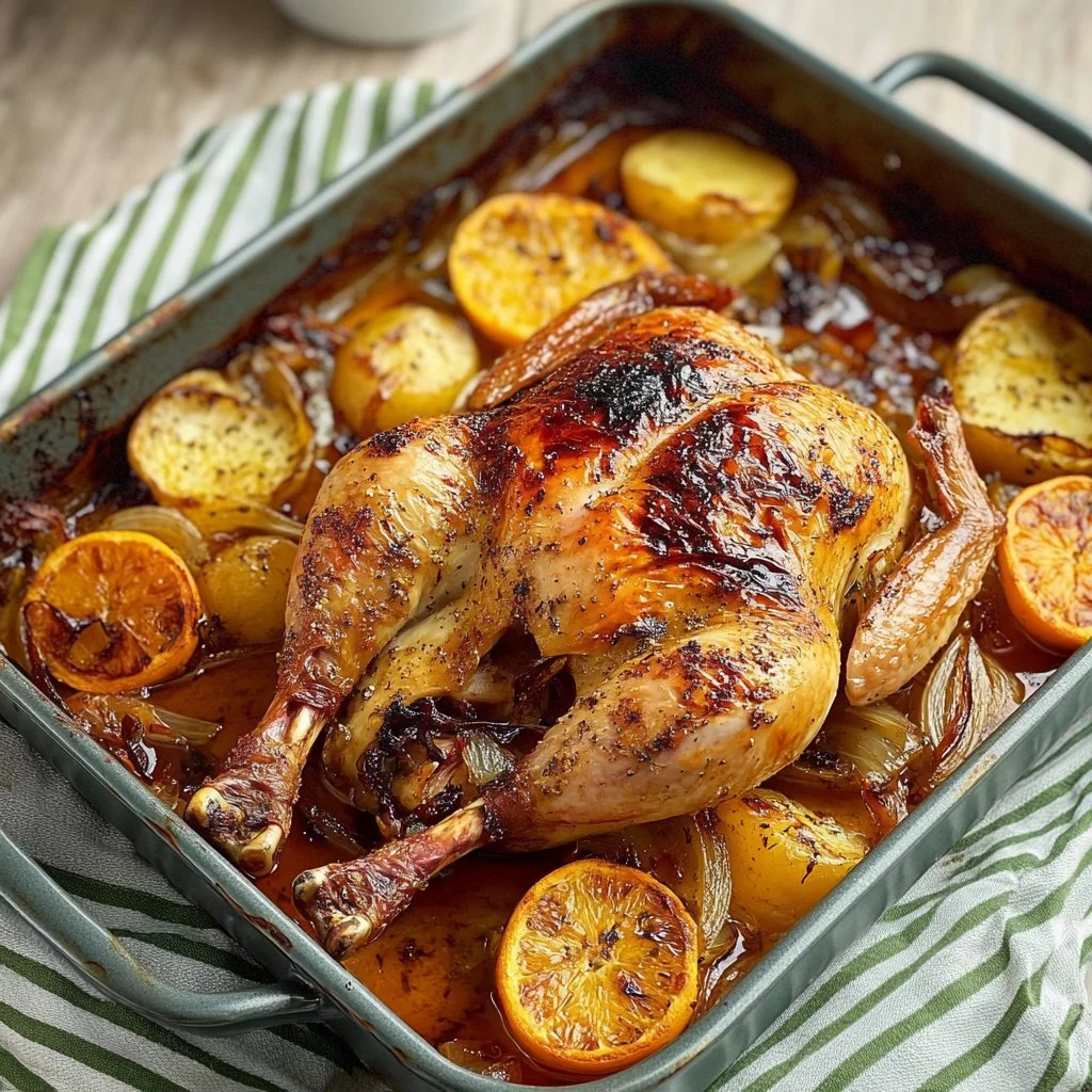 Pollo al horno con patatas crujientes y hierbas frescas