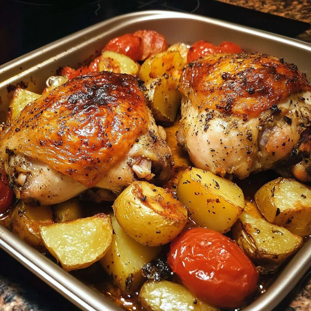 Pollo asado al horno con patatas, un plato delicioso y fácil de preparar.