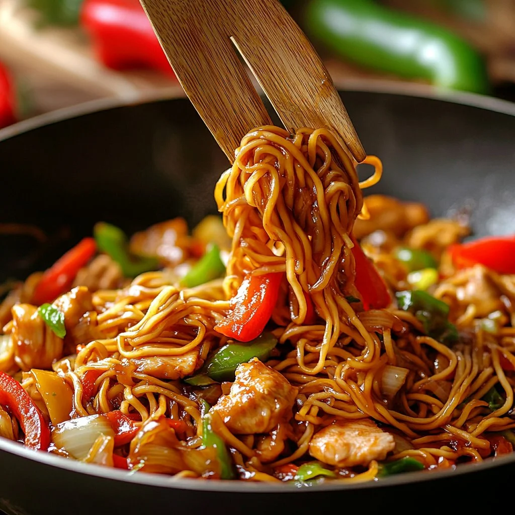 Plato de Pollo Chow Mein sencillo y delicioso con fideos y verduras