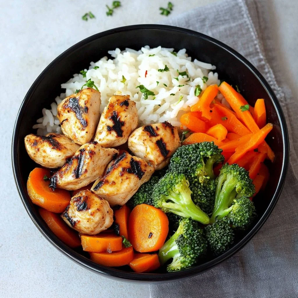 Plato de pollo con arroz, brócoli y zanahorias, una receta nutritiva y deliciosa.