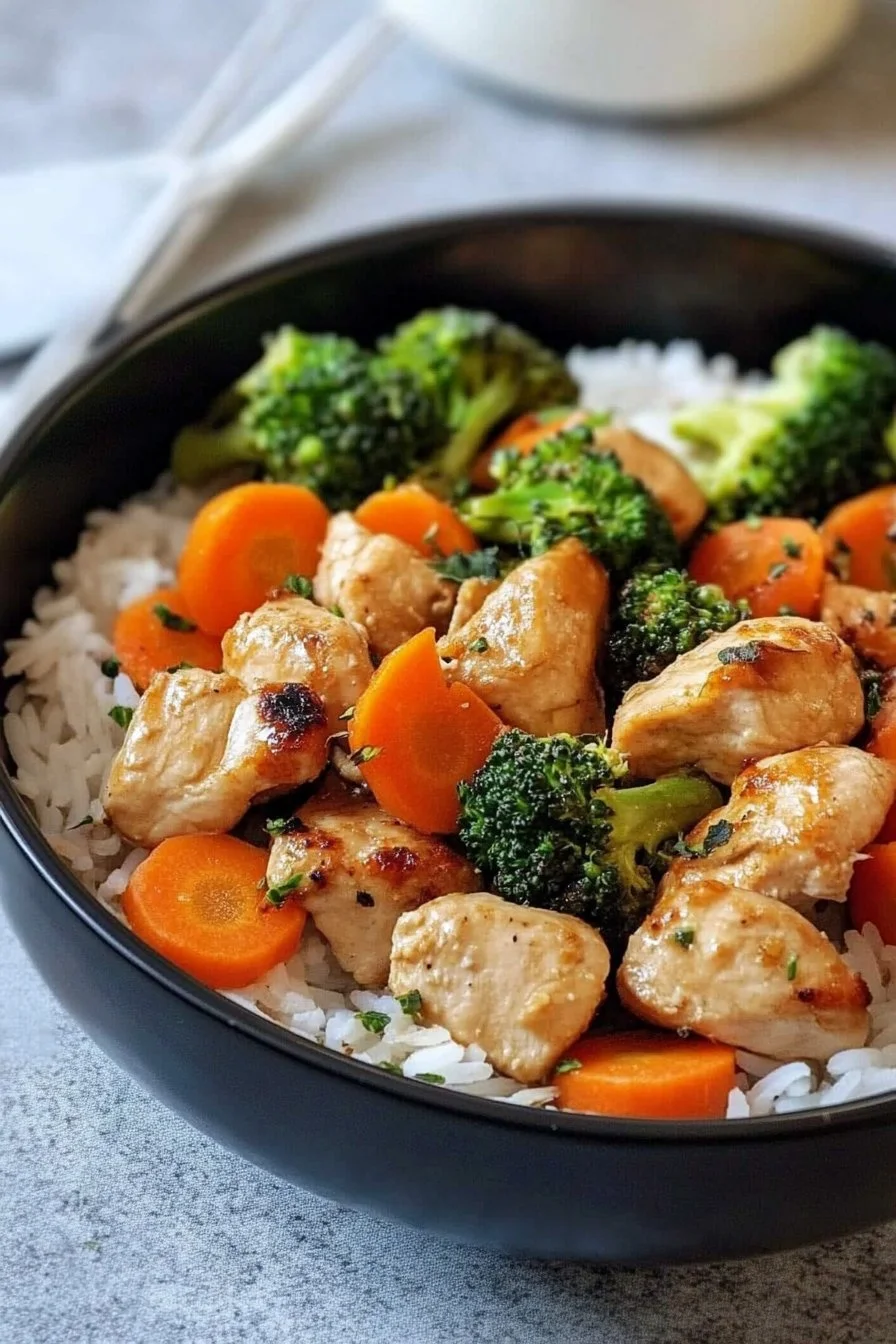 Pollo con arroz, brócoli y zanahorias