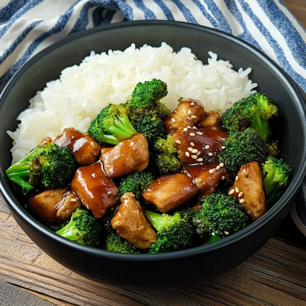Plato de Pollo con Brócoli servido con arroz