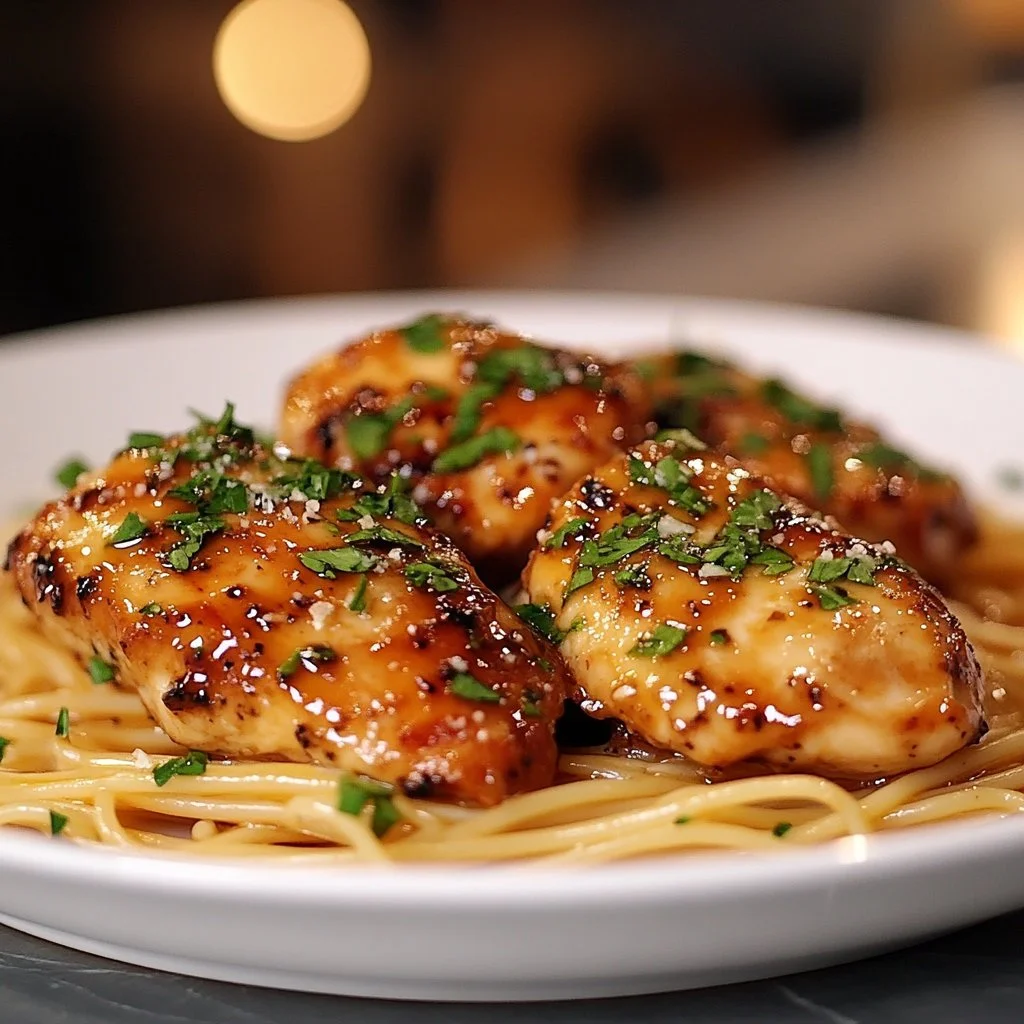 Pollo con Linguine al Parmesano servido en un plato elegante