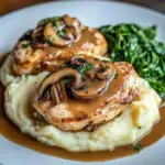 Pollo Crema con Champiñones sobre Puré de Papas y Espinacas