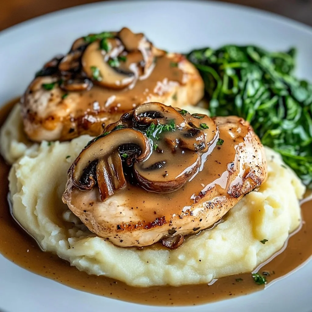 Plato de Pollo Crema con Champiñones sobre Puré de Papas y Espinacas.