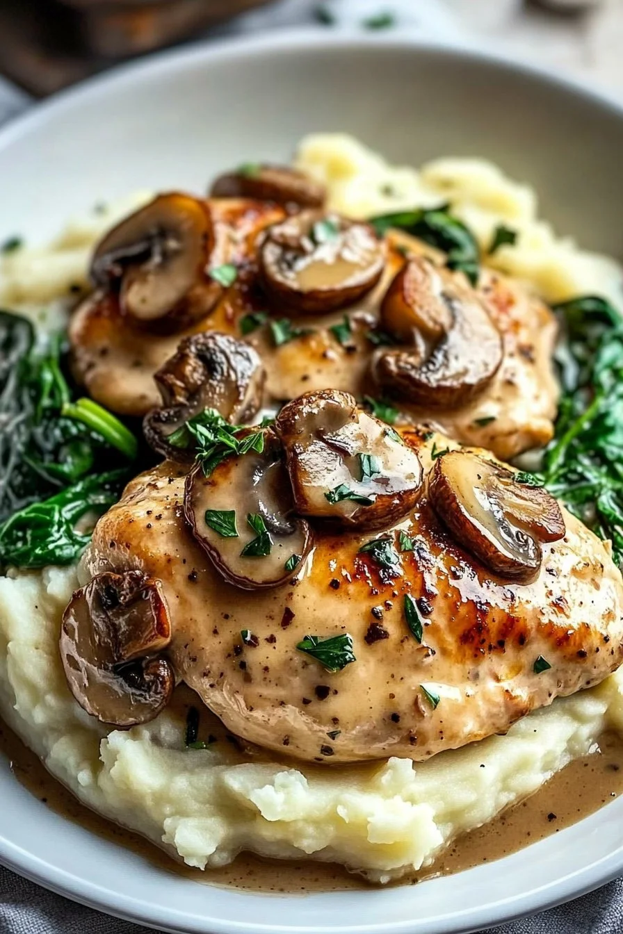 Pollo Crema con Champiñones sobre Puré de Papas y Espinacas