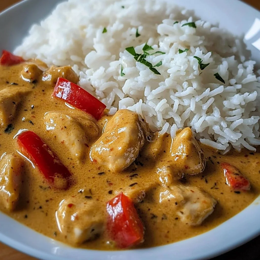Plato de Pollo Cremoso con arroz, una receta sabrosa y fácil de preparar.