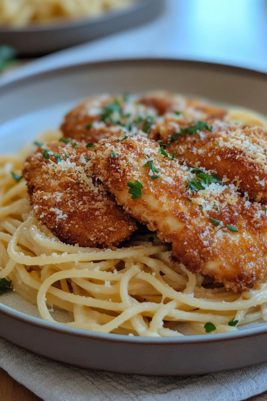 POLLO CRUJIENTE CON PASTA CREMOSA