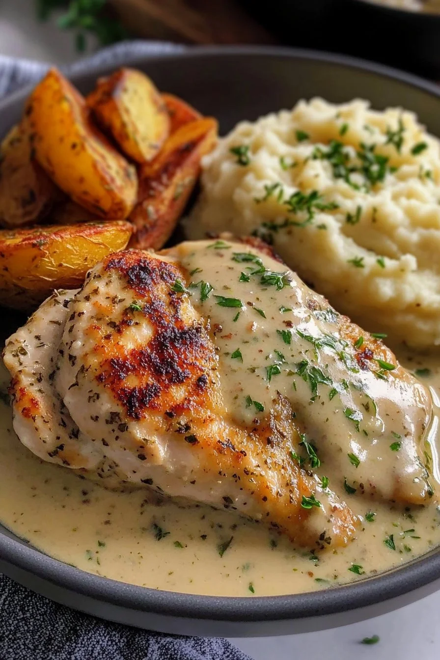 Pollo en salsa cremosa de hierbas con puré de papas