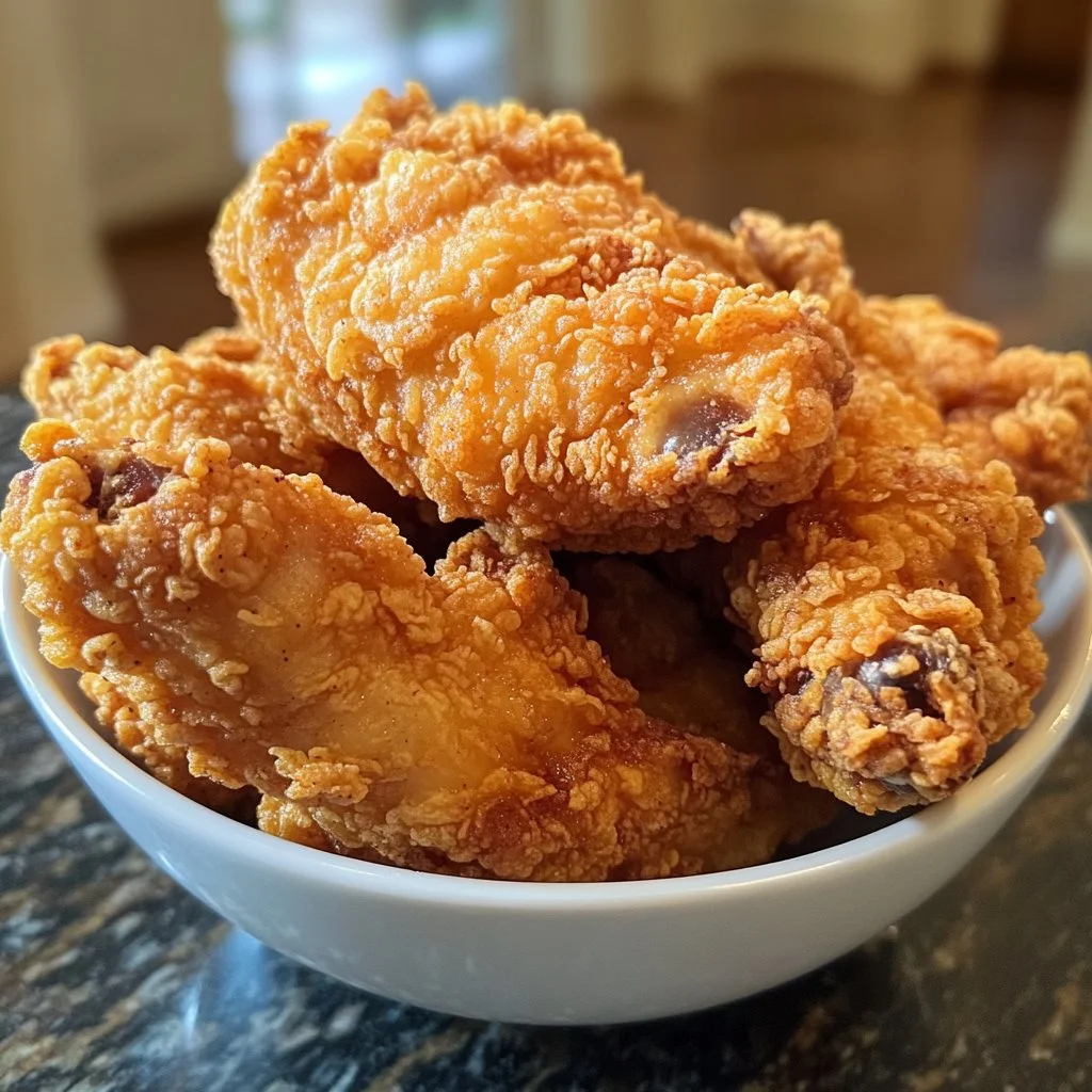Plato de pollo frito crujiente acompañado de guarniciones coloridas