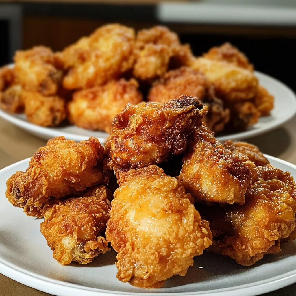 Plato de pollo frito crujiente y jugoso servido con guarniciones