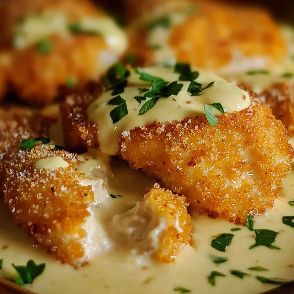 Plato de Pollo Parmesano Cremoso servido con pasta y salsa