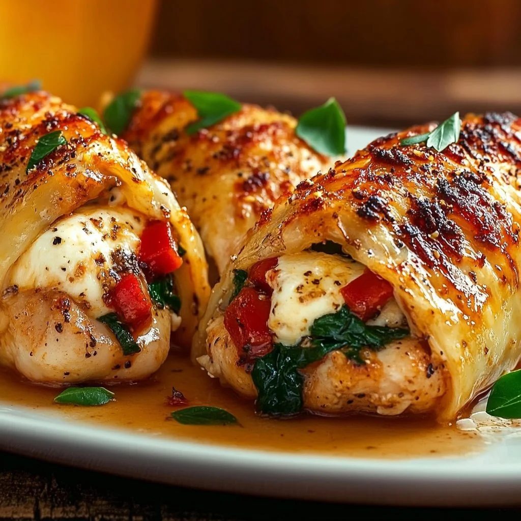 Pollo Relleno Sabroso con guarniciones frescas y coloridas en un plato