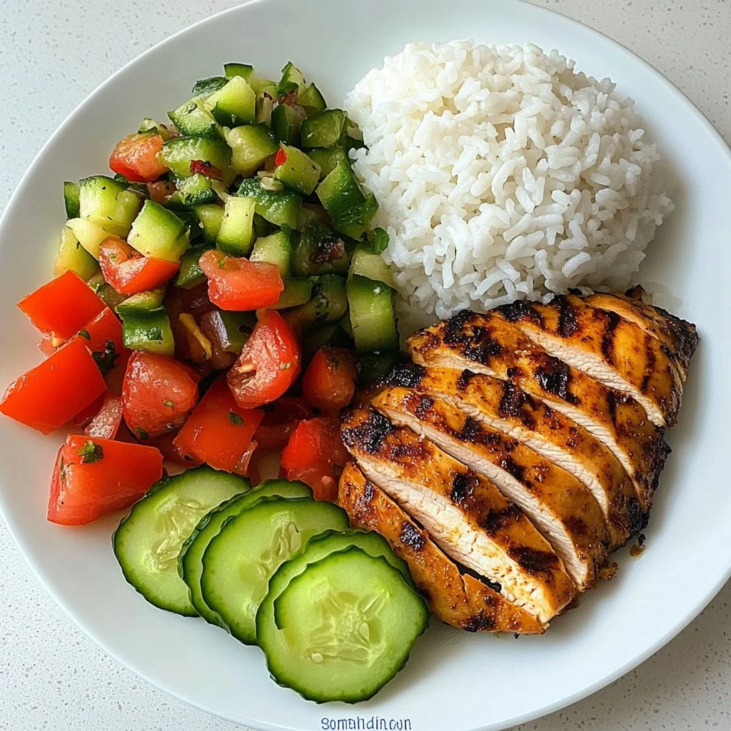 Plato de pollo y arroz saludable con verduras frescas